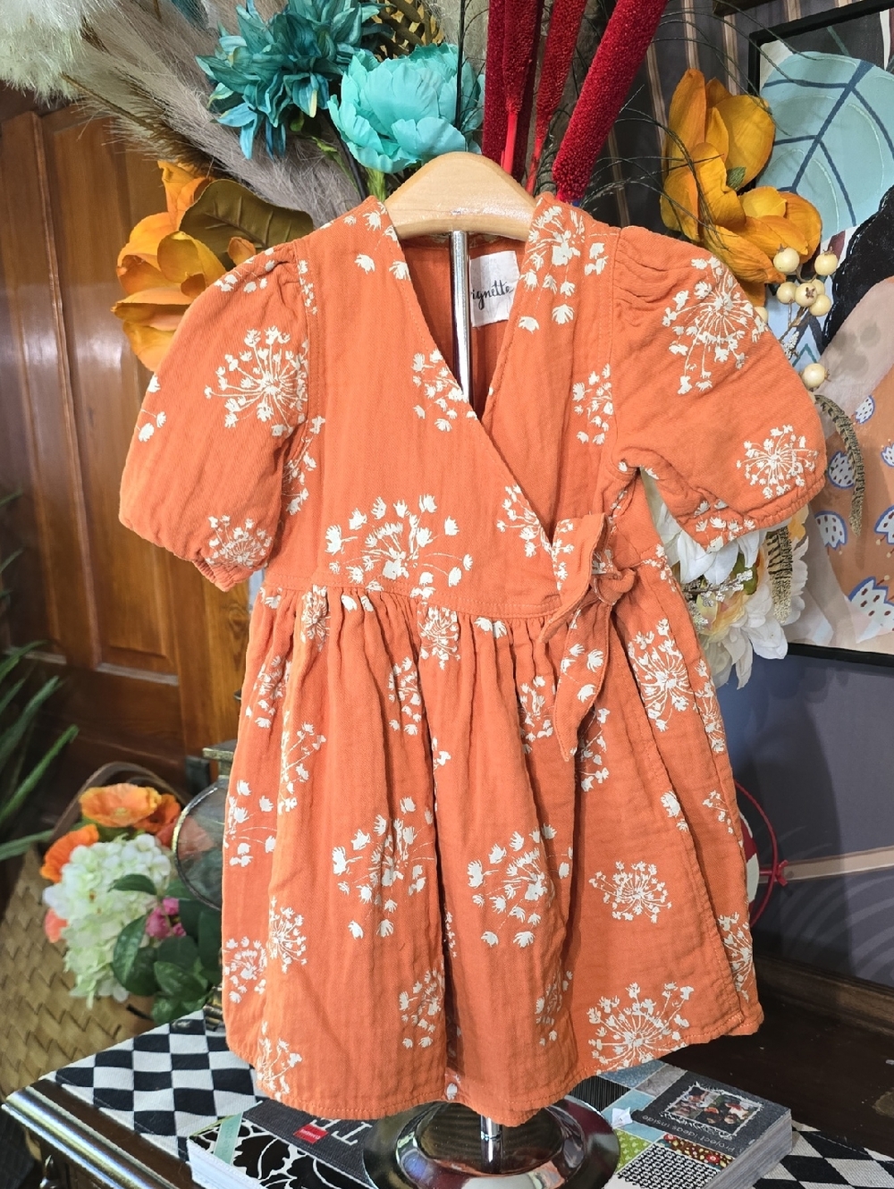 Vignette Dainty Rust Floral Wrap Dress with Tie Detail 3t 4t